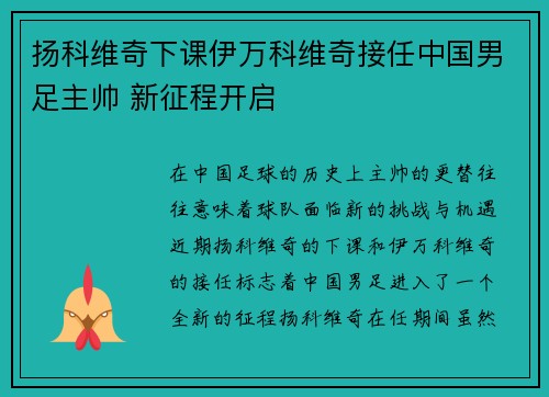 扬科维奇下课伊万科维奇接任中国男足主帅 新征程开启